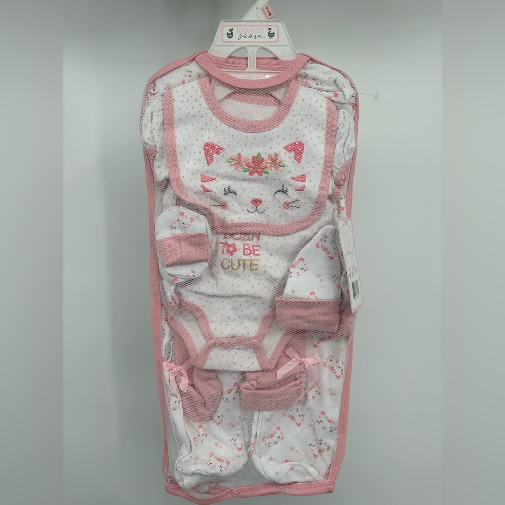 Charming Pink and White Baby Matching Set with Cat Design